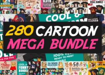 280 Cartoon Mega Bundle, T -shirt design vector packs, Cartoon character, Animals, Illustration, Dog, Cat, Cute, Funny, svg, png,