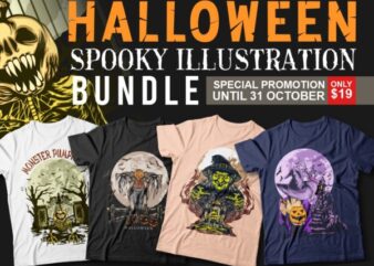 Halloween spooky Illustration t-shirt designs bundle. Halloween theme, Monster pumpkin, Scary, horror, Halloween artwork vector, Halloween witch