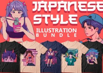 Japanese style illustration t shirt design bundle, Anime character bundles, Japan daily life, Japanese graphic vector