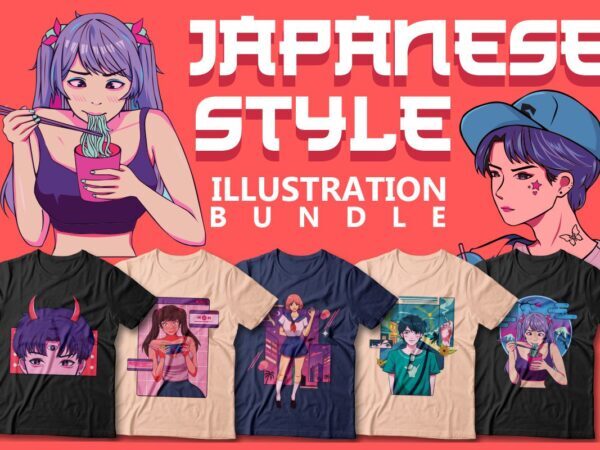 Japanese style illustration t shirt design bundle, Anime character bundles, Japan daily life, Japanese graphic vector