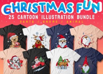 Christmas Fun Cartoon Illustration Bundle Sublimation Vector, Funny, Gnome, Animals, Santa Claus, winter, Christmas t-shirt designs