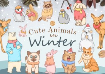 Cute animals in winter bundle, Winter animal cartoon illustration bundle, Fun winter animal, Animal wearing a scarf, animals wear clothes, t shirt vector file