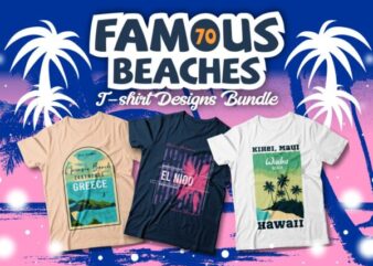 Famous Beaches T-shirt Designs Bundle, Beach Graphic T-shirt Design, Surfing Paradise, Famous Beaches of the World, Beach Graphic tees, California, Miami, Navagio Greece, Hawaii, Bali, Maldives, Caribbean Ocean, Rio De Janeiro, and More